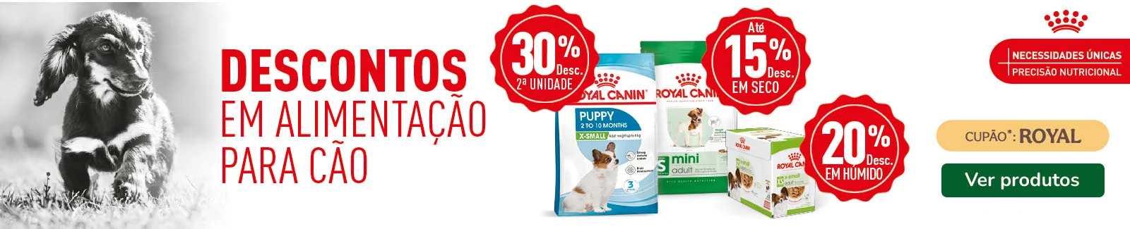 At&eacute; 15% de desconto numa sele&ccedil;&atilde;o de ra&ccedil;&atilde;o e at&eacute; 20% de desconto em packs de alimento h&uacute;mido da Royal Canin Mini e X-Small para c&atilde;o. 