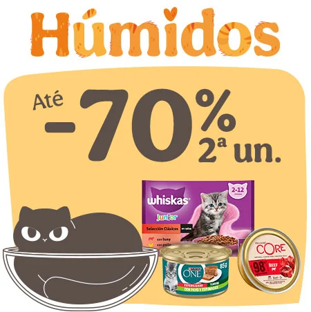 Até 70% de desconto na 2.ª unidade de comida húmida para gatos.