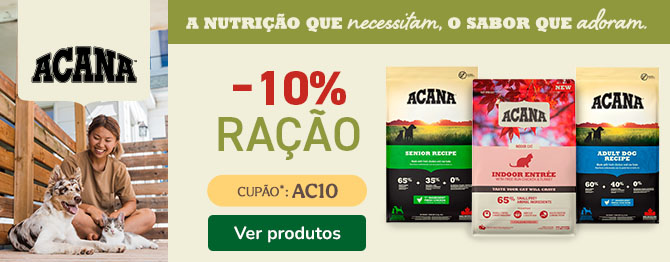 10% de desconto em ração Acana para cão e gato na Tiendanimal. Aproveite esta promoção para oferecer ao seu pet uma alimentação de alta qualidade.