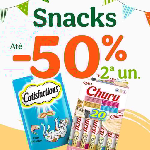 50% de desconto na 2.ª unidade em snacks para gatos.