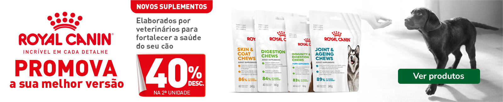 Desconto de 40% na 2ª unidade em suplementos nutricionais para gatos da Royal Canin. Promoção válida numa seleção de produtos de apoio à saúde e bem-estar dos patudos felinos.