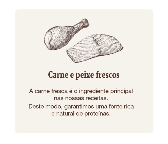 Alimentação elaborada com carne e peixes frescos, garantindo uma fonte rica e natural de proteínas