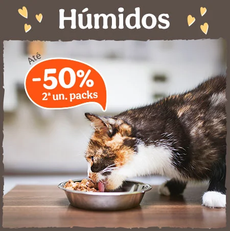 Até 50% de desconto na 2ª unidade em packs de comida húmida para gatos. Até 50% de desconto na 2ª unidade em packs de comida húmida para gatos.