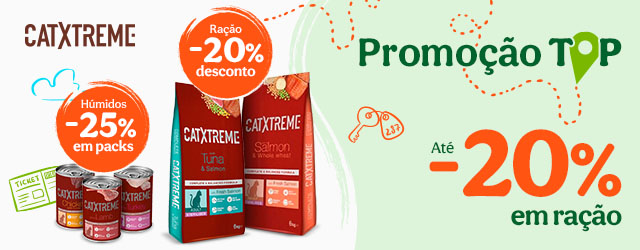 Catxtreme: 20% de desconto em ração e 25% de desconto em packs de alimento húmido para gato.