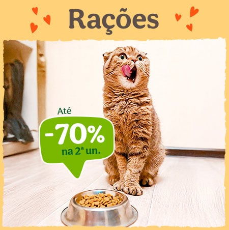 Ração para gatos com até 70% de desconto na 2.ª unidade.