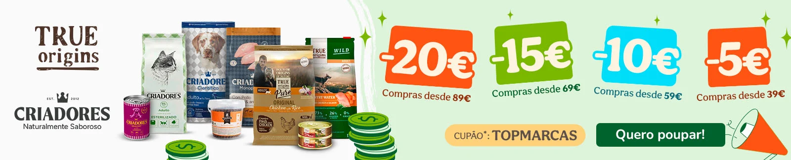Criadores e True Origins: At&eacute; 20&euro; de desconto numa sele&ccedil;&atilde;o de ra&ccedil;&atilde;o para c&atilde;o e gato.
