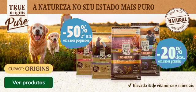 True Origins Pure: 20% de desconto em sacos grandes e 50% de desconto na 2ª unidade de sacos pequenos de ração para cão.