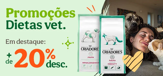 +20% de desconto em dietas veterinárias para o seu patudo.