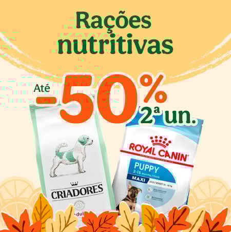 Até 50% de desconto na 2ª unidade de ração para o seu cão. Até 50% de desconto na 2ª unidade de ração para o seu cão.