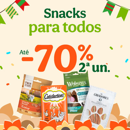 Até 70% de desconto na 2ª unidade em snacks para cão e gato. Recompensas deliciosas para o seu animal.