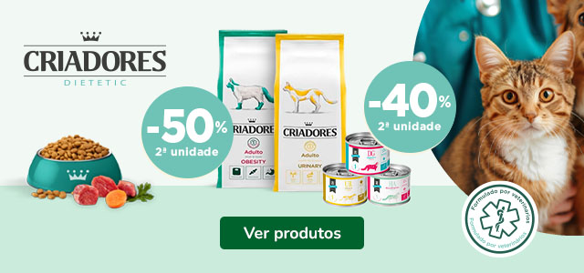 Criadores Dietas: 50% de desconto na 2ª unidade e 40% de desconto na 2ª unidade de alimento húmido para gato.
