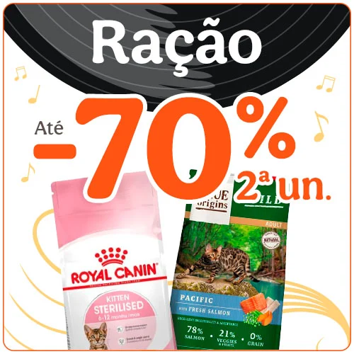 Até 70% de desconto na 2ª unidade de ração para gato.