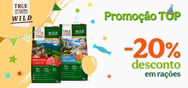20% de desconto em ração True Origins Wild para cães e gatos.