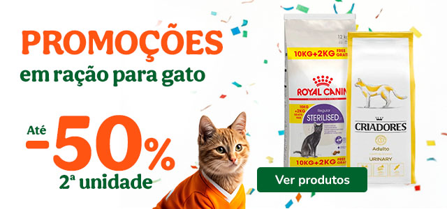 Até 50% de desconto na 2ª unidade de ração para gato.