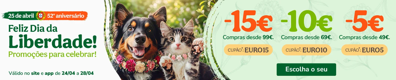 15&euro; de desconto em compras desde 99&euro; com o cup&atilde;o: EURO15 | 10&euro; de desconto em compras desde 69&euro; com o cup&atilde;o: EURO10 ou 5&euro; de desconto em compras desde 49&euro; com o cup&atilde;o: EURO5