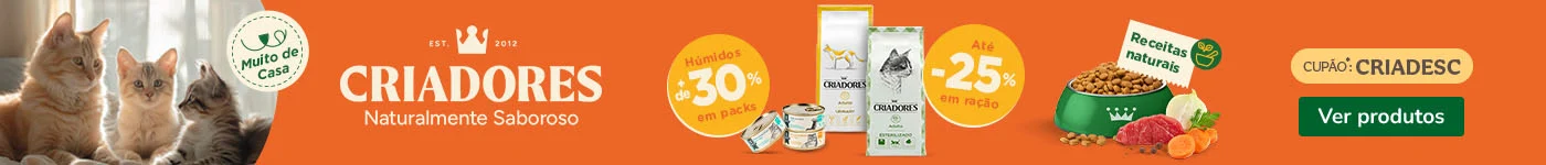 Criadores: Até 25% de desconto em ração e + de 30% de desconto em packs de alimento húmido para gato.