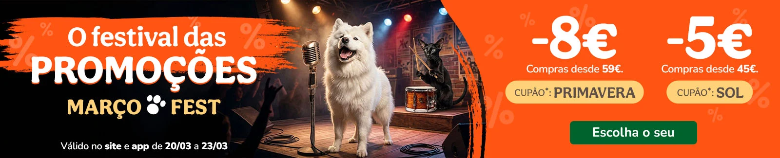 8&euro; de desconto na sua compra desde 59&euro; com o cup&atilde;o: PRIMAVERA ou 5&euro; de desconto na sua compra desde 45&euro; com o cup&atilde;o: SOL.