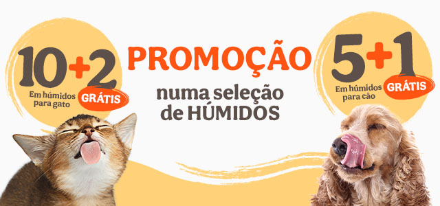 Adicione 12 unidades de alimento húmido para gato ao carrinho e pague apenas 10 ou adicione 5 unidades de alimento húmido para cão ao carrinho e pague apenas 4.