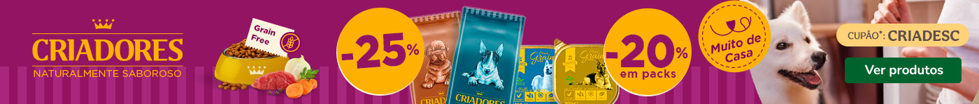 25% de desconto em ração e 20% em packs de 12 unidades de alimento húmido Criadores