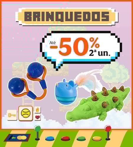 Até 50% de desconto na 2.ª unidade de brinquedos para cães e gatos.