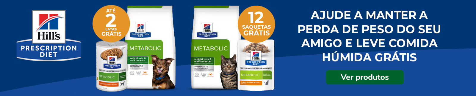 Até 12 saquetas de comida húmida grátis em rações Hill's Prescription Diet Metabolic para cães e gatos