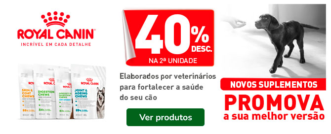 Desconto de 40% na 2ª unidade em suplementos nutricionais para gatos da Royal Canin. Promoção válida numa seleção de produtos de apoio à saúde e bem-estar dos patudos felinos.