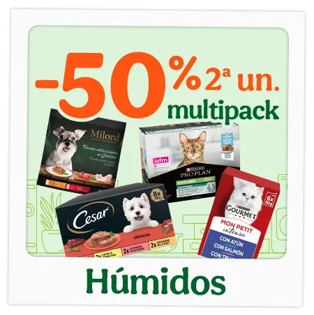 50% de desconto na 2ª unidade de multipacks de alimento húmido para o seu patudo.