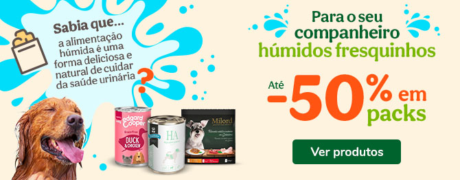 Até 50% de desconto em packs de comida húmida para cão. Alimentação saborosa e equilibrada para o seu patudo.