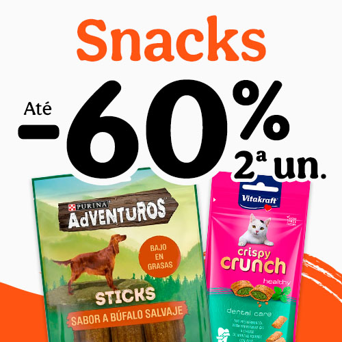 Até 60% de desconto na 2ª unidade de snacks para o seu patudo.