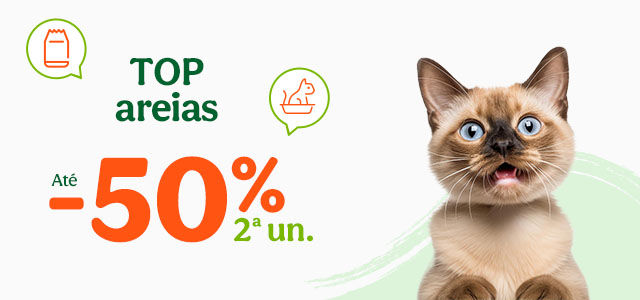 Até 50% de desconto na 2ª unidade de numa seleção de Top areias para gato na Tiendanimal. Aproveite esta oferta exclusiva para o conforto do seu felino.