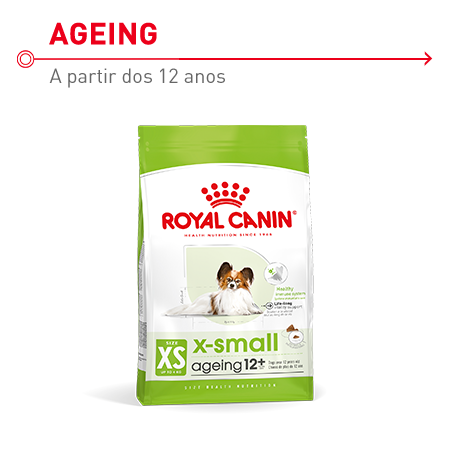 Royal Canin X-Small Ageing 12+, ração indicada para cães seniores (+12 anos) de raças miniatura.