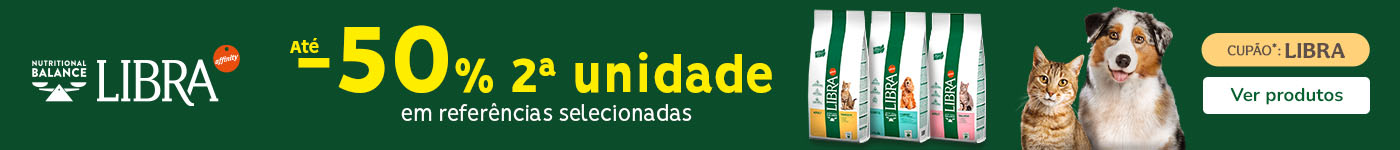Até 50% de desconto na 2ª unidade de ração Libra para cão e gato na Tiendanimal. Aproveite esta promoção para alimentar o seu pet com qualidade e poupança.