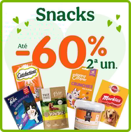 Até 60% de desconto na 2ª unidade de snacks para o seu patudo.