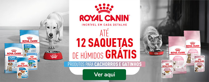Receba até 12 unidades de comida húmida como promoção na compra de ração Royal Canin para cães e gatos