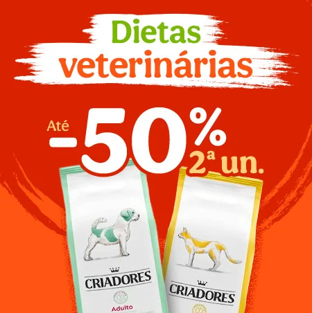 Até 50% de desconto na 2ª unidade em dietas veterinárias para cão e gato. Soluções alimentares especializadas.