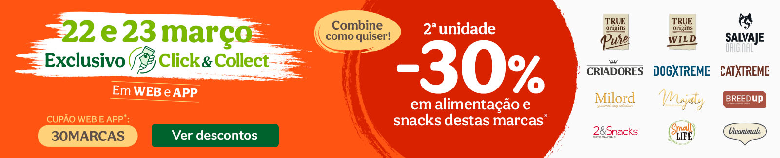 Promoções de fim de semana só na Tiendanimal: 22 e 23 de Março, até -30% na 2ª unidade em compras Click&Collect em ração,  alimentação húmida e snacks das top marcas.