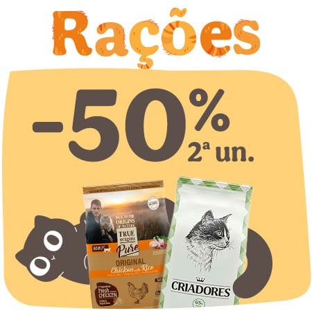 Até 50% de desconto na 2ª un. em rações para gatos.
