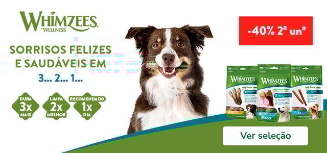 40% de desconto na 2.ª unidade de snacks Whimzees para cão.