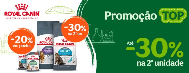 Royal Canin: Até 30% de desconto na 2ª unidade de ração e 20% de desconto em packs de alimento húmido para gato.