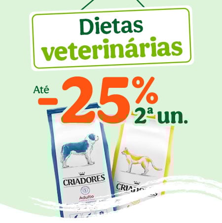 Até 25% de desconto na 2.ª unidade em dietas veterinárias para cães e gatos