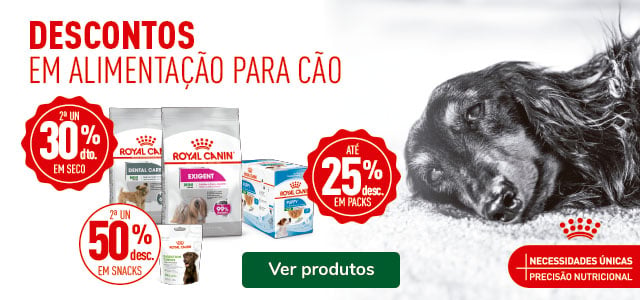 Royal Canin: 30% de desconto na 2ª unidade de ração, até 25% de desconto em packs de alimentação húmida e 50% de desconto na 2ª unidade de snacks para cães.