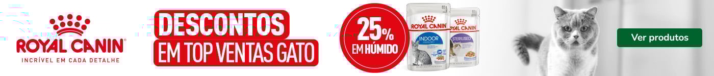 Promoção Royal Canin para gatos: 25% de desconto no pack de 48 unidades de alimento húmido.