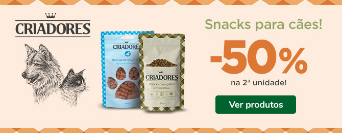 Promoção: -50% na 2ª un. em snacks Criadores para cães!
