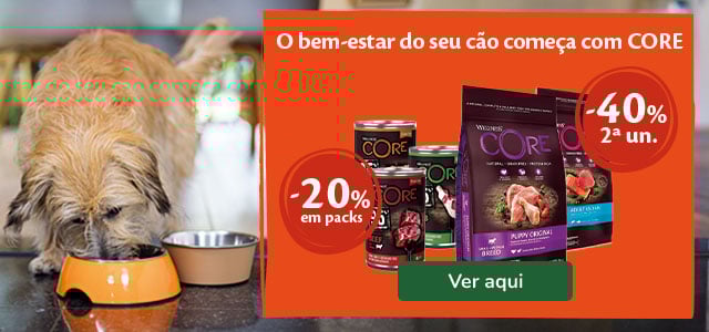 Wellness Core: 40% de desconto na 2ª unidade de ração e 20% de desconto em packs de húmidos para cão.