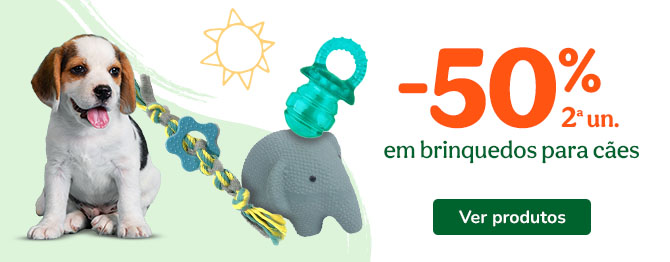 Promoção: 50% de desconto na 2.ª unidade de brinquedos para cão.
