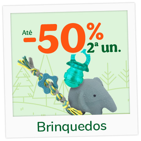 Promoção: 50% de desconto na 2.ª unidade de brinquedos para cão.