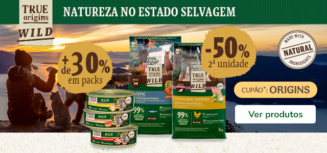 True Origins: Até 50% de desconto na 2ª unidade de ração e + de 30% de desconto em packs de alimento húmido para gato.