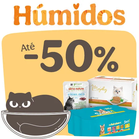 Até 50% de desconto em comida húmida para gatos.
