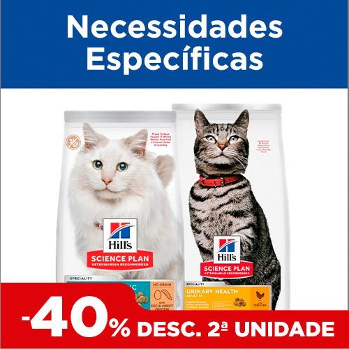 40% de desconto na 2.ª unidade em necessidades específicas para gatos.