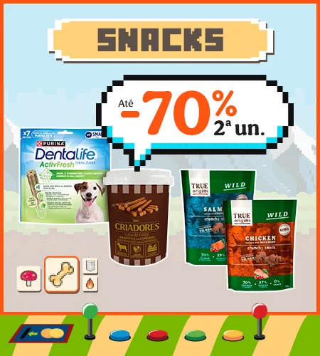 Snacks com até 70% de desconto na 2.ª unidade para cães e gatos.